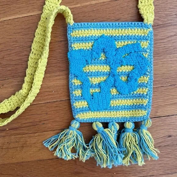 URBAN Outfitters Flower/Stripe Blue Yellow Mini Crochet Crossbody Cell Phone Bag - Picture 2 of 12